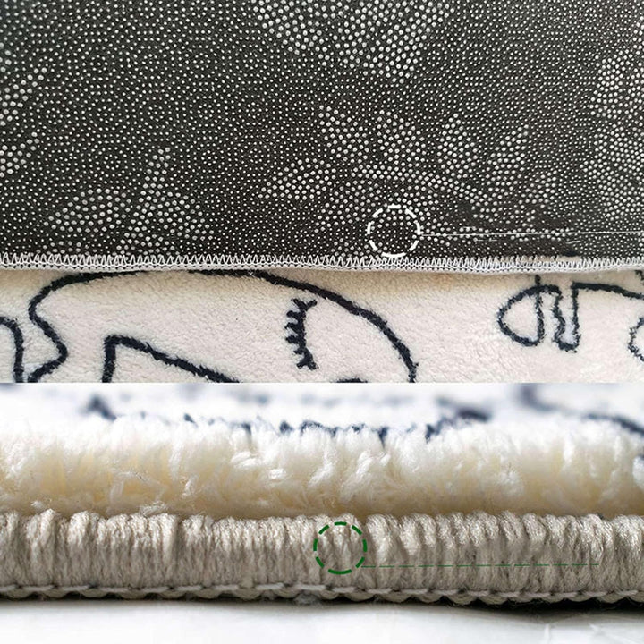 Close-up of VibeCore Abstract Faces Rug, showcasing detailed black and white abstract face designs with a soft, fluffy texture.