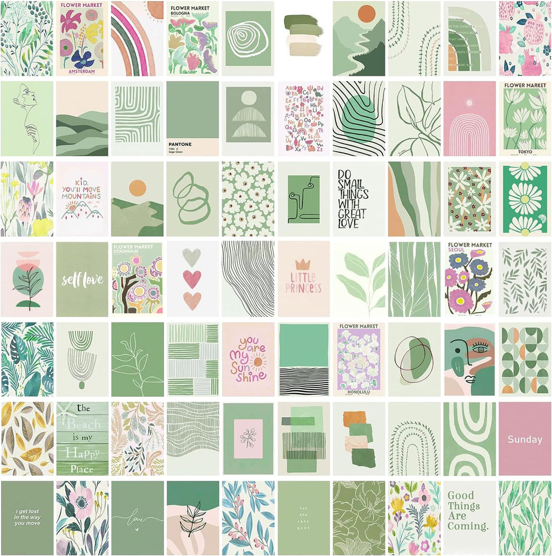 Abstract Pastel Green Wall Collage Kit by VibeCore, featuring 70 soothing pastel green prints with modern abstract and nature-inspired designs. Perfect for creating a serene, customizable photo collage poster or wall art display in your dorm room or bedroom. Printed on high-quality matte paper for a sleek, glare-free finish.