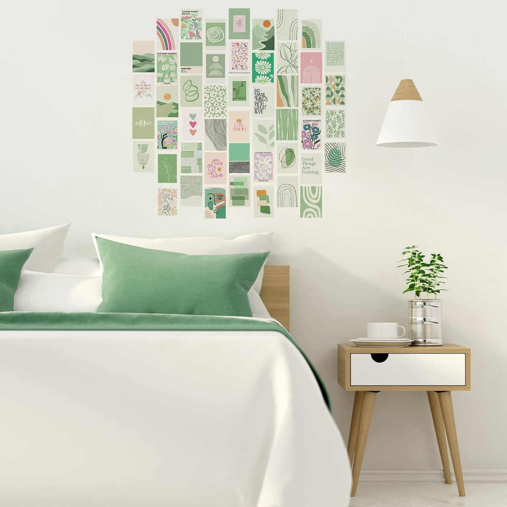 VibeCore Abstract Pastel Green Wall Collage Kit displayed above a bed, featuring 70 soothing pastel green prints with modern abstract and nature-inspired designs. Perfect for creating a serene, stylish vibe in your bedroom or dorm room.