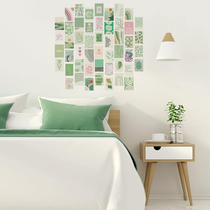 VibeCore Abstract Pastel Green Wall Collage Kit displayed above a bed, featuring 70 soothing pastel green prints with modern abstract and nature-inspired designs. Perfect for creating a serene, stylish vibe in your bedroom or dorm room.