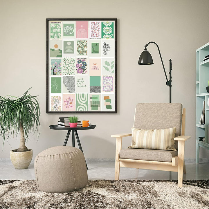 VibeCore Abstract Pastel Green Wall Collage Kit framed and displayed on a wall, featuring 70 soothing pastel green prints with modern abstract and nature-inspired designs. Perfect for creating a serene, stylish focal point in any room.