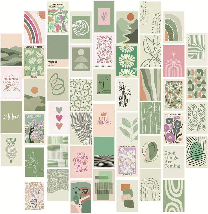 VibeCore Abstract Pastel Green Wall Collage Kit featuring half of the 70 soothing pastel green prints with modern abstract and nature-inspired designs, displayed on a wall. Perfect for creating a serene, customizable collage in your space.