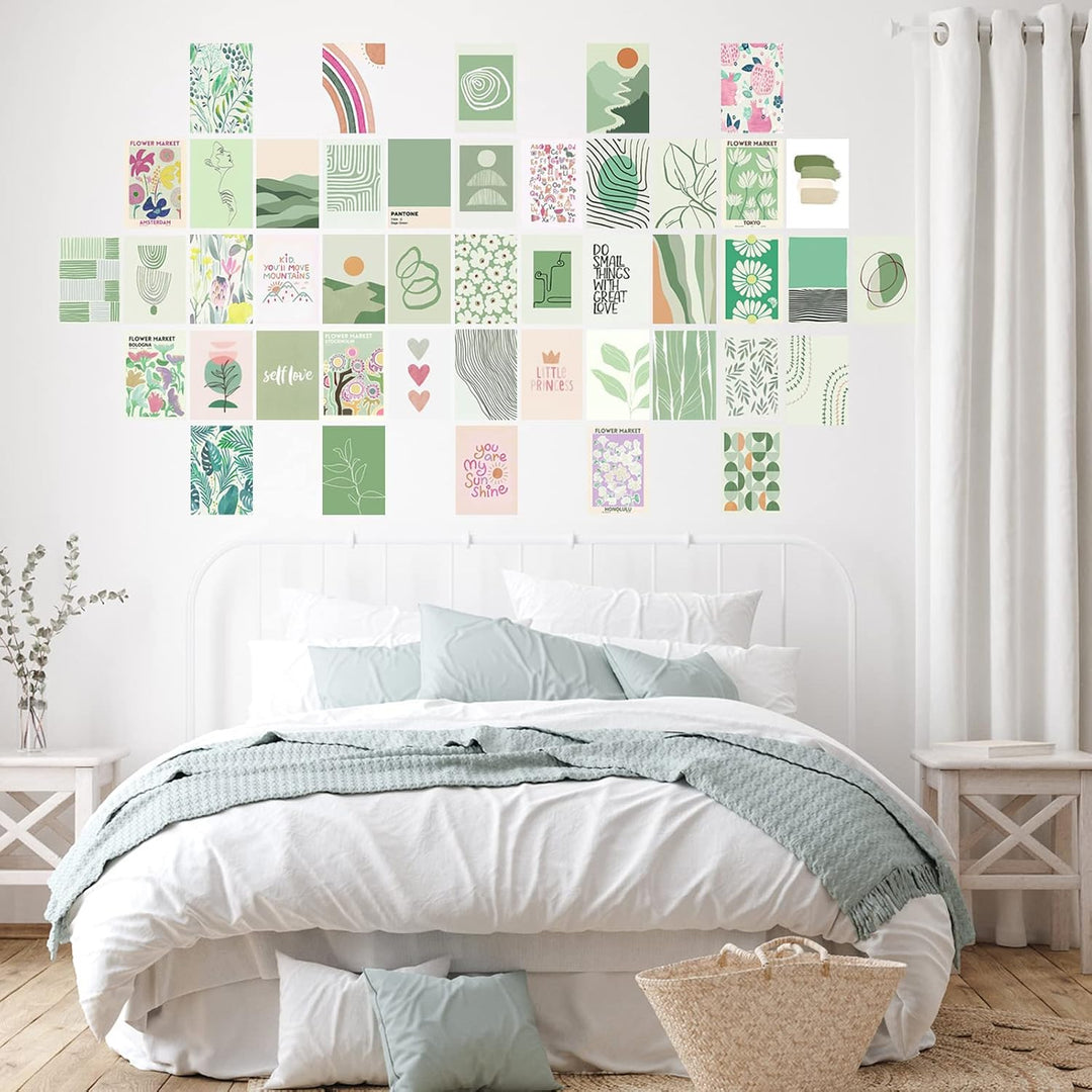 VibeCore Abstract Pastel Green Wall Collage Kit displayed in a bedroom, showcasing 70 soothing pastel green prints with modern abstract and nature-inspired designs. Ideal for adding a serene, aesthetic touch to your room decor.