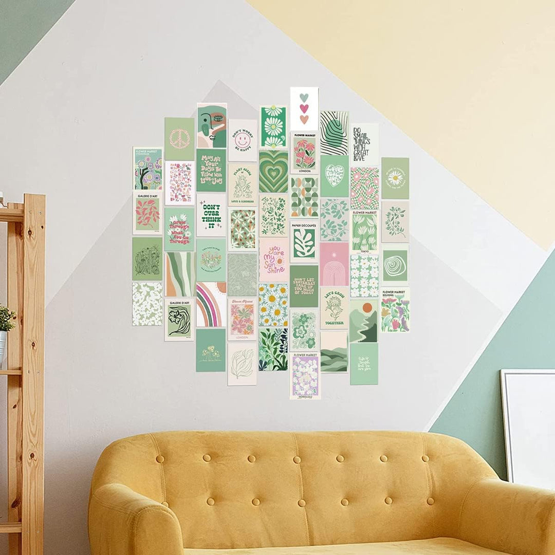 VibeCore Abstract Pastel Green Wall Collage Kit displayed on a wall, showcasing 70 soothing pastel green prints with modern abstract and nature-inspired designs. Ideal for adding a serene, aesthetic vibe to your room or living space.