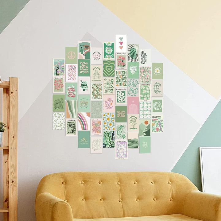 VibeCore Abstract Pastel Green Wall Collage Kit displayed on a wall, showcasing 70 soothing pastel green prints with modern abstract and nature-inspired designs. Ideal for adding a serene, aesthetic vibe to your room or living space.