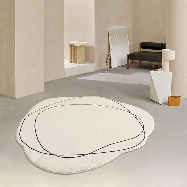 The VibeCore Abstract Squiggle Area Rug placed on the floor, showcasing its playful, freeform squiggle design. This white rug adds a bold and unique aesthetic to the room, blending comfort and modern art vibes seamlessly.