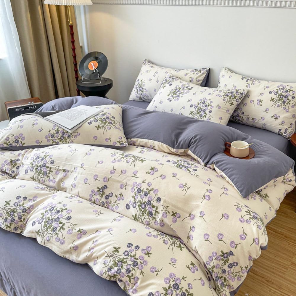Full view of the VibeCore Aesthetic Blooming Lilacs Duvet Cover Set, showcasing the soft, purple interior of the duvet cover with a vibrant lilac floral design, offering a cozy and elegant touch to your bedroom or dorm decor.