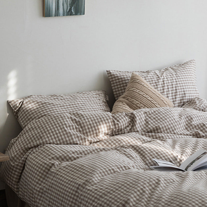 Close-up aerial view of the VibeCore Aesthetic Brown Gingham Duvet Cover Set, featuring a classic checkered gingham pattern in warm brown tones, perfect for adding a cozy, timeless touch to your bedroom decor.