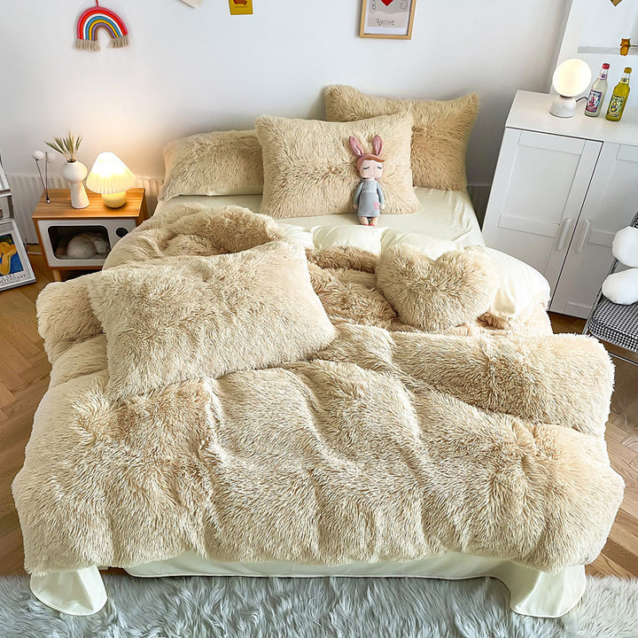 Aerial view of the VibeCore Cloud 9 Bedding Set in the color Beige, made from ultra-soft fleece for ultimate comfort. Perfect for adding warmth, luxury, and cozy style to any bedroom or dorm. Ideal for lounging, relaxing, and enhancing your space with plush, durable bedding that’s machine washable and tumble-dry friendly.