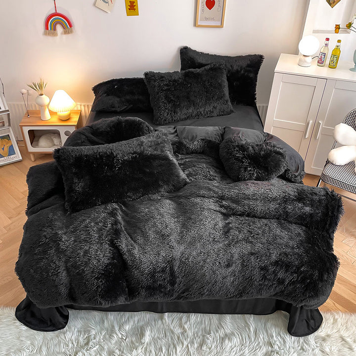 Aerial view of the VibeCore Cloud 9 Bedding Set in the color Black, made from ultra-soft fleece for ultimate comfort. Perfect for adding warmth, luxury, and cozy style to any bedroom or dorm. Ideal for lounging, relaxing, and enhancing your space with plush, durable bedding that’s machine washable and tumble-dry friendly.