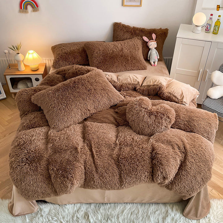 Aerial view of the VibeCore Cloud 9 Bedding Set in the color Brown, made from ultra-soft fleece for ultimate comfort. Perfect for adding warmth, luxury, and cozy style to any bedroom or dorm. Ideal for lounging, relaxing, and enhancing your space with plush, durable bedding that’s machine washable and tumble-dry friendly.