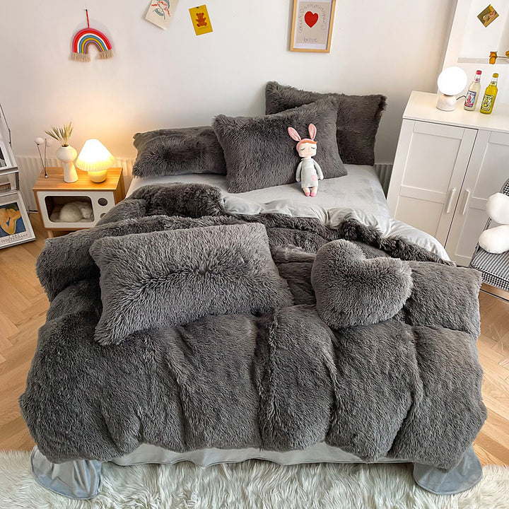 Aerial view of the VibeCore Cloud 9 Bedding Set in the color Dark Gray, made from ultra-soft fleece for ultimate comfort. Perfect for adding warmth, luxury, and cozy style to any bedroom or dorm. Ideal for lounging, relaxing, and enhancing your space with plush, durable bedding that’s machine washable and tumble-dry friendly.