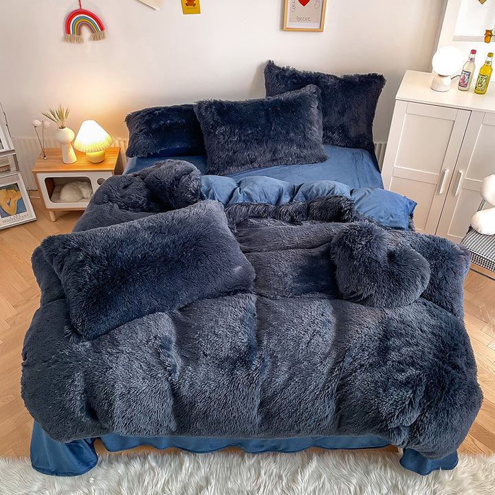 Aerial view of the VibeCore Cloud 9 Bedding Set in the color Navy Blue, made from ultra-soft fleece for ultimate comfort. Perfect for adding warmth, luxury, and cozy style to any bedroom or dorm. Ideal for lounging, relaxing, and enhancing your space with plush, durable bedding that’s machine washable and tumble-dry friendly.