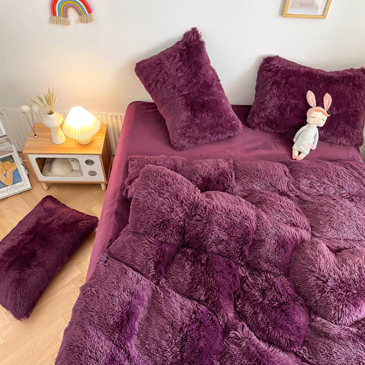 Alternative aerial view of the VibeCore Cloud9 Fleece Bedding Set in the color Purple, showcasing ultra-soft fleece fabric for unmatched comfort and warmth. This vibrant bedding set adds a pop of color, cozy luxury, and modern style to your bedroom or dorm, creating the ultimate sleep environment.