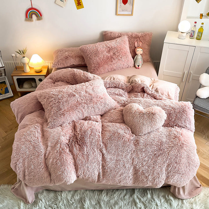 Aerial view of the VibeCore Cloud 9 Bedding Set in the color Rose, made from ultra-soft fleece for ultimate comfort. Perfect for adding warmth, luxury, and cozy style to any bedroom or dorm. Ideal for lounging, relaxing, and enhancing your space with plush, durable bedding that’s machine washable and tumble-dry friendly.