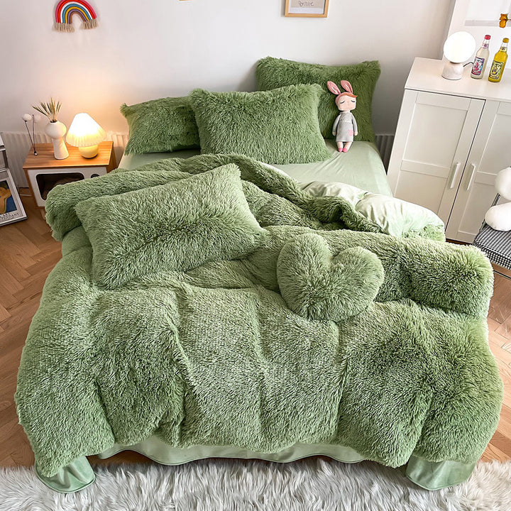 Aerial view of the VibeCore Cloud 9 Bedding Set in the color Sage, made from ultra-soft fleece for ultimate comfort. Perfect for adding warmth, luxury, and cozy style to any bedroom or dorm. Ideal for lounging, relaxing, and enhancing your space with plush, durable bedding that’s machine washable and tumble-dry friendly.