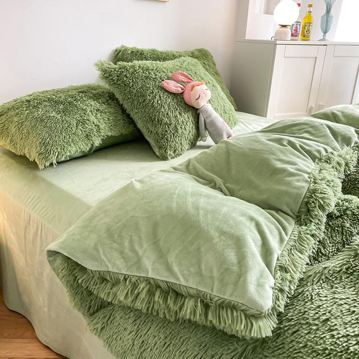 Close-up of the duvet cover from the VibeCore Cloud 9 Bedding Set in the color Sage, featuring ultra-soft fleece fabric for ultimate comfort and cozy luxury. Perfect for adding warmth, style, and a plush feel to your bedroom or dorm, ideal for sleeping or relaxing.