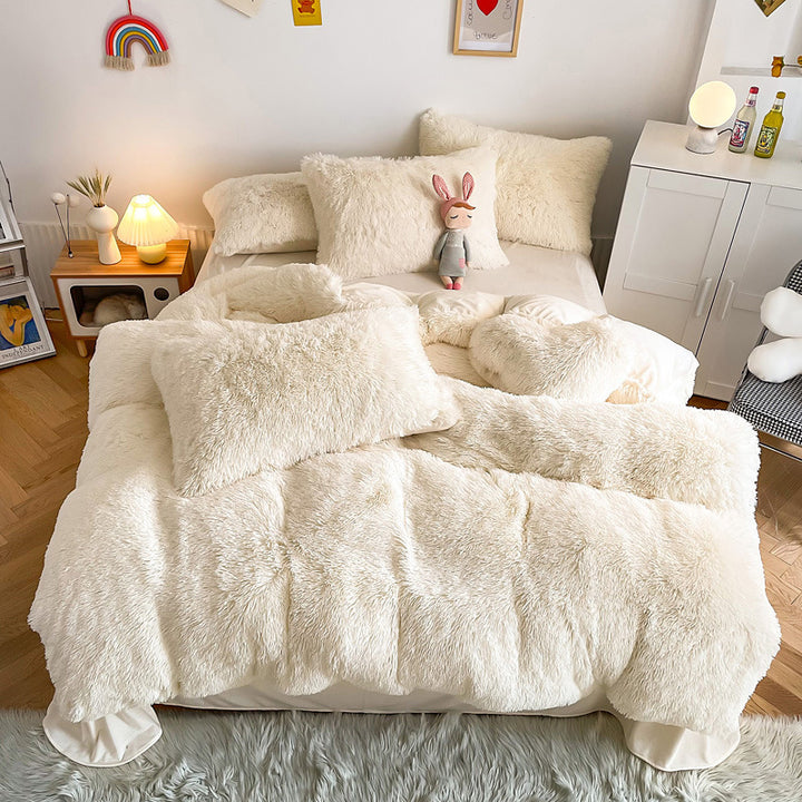 Aerial view of the VibeCore Cloud 9 Bedding Set in the color White, made from ultra-soft fleece for ultimate comfort. Perfect for adding warmth, luxury, and cozy style to any bedroom or dorm. Ideal for lounging, relaxing, and enhancing your space with plush, durable bedding that’s machine washable and tumble-dry friendly.