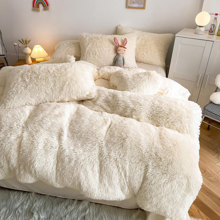 Alternative full side angle of the VibeCore Cloud 9 Bedding Set in the color White, featuring ultra-soft fleece fabric for ultimate comfort and luxurious warmth. This bedding set adds cozy style to your bedroom or dorm, perfect for creating a relaxing and inviting atmosphere.