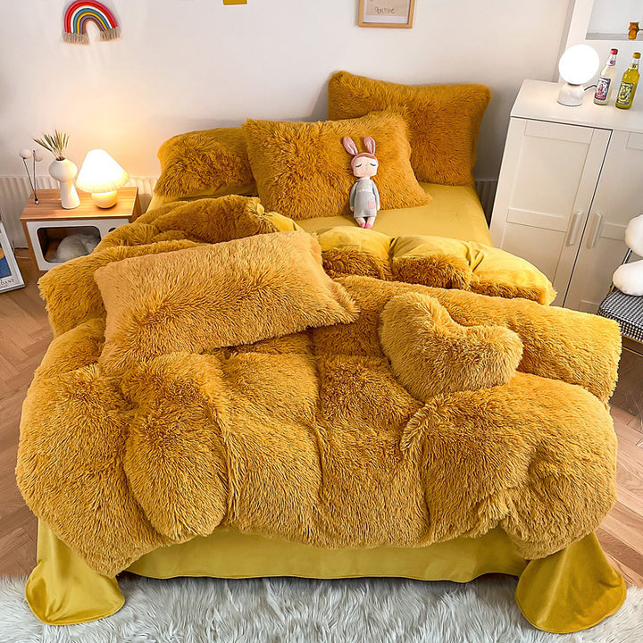 Aerial view of the VibeCore Cloud 9 Bedding Set in the color Mustard Yellow, made from ultra-soft fleece for ultimate comfort. Perfect for adding warmth, luxury, and cozy style to any bedroom or dorm. Ideal for lounging, relaxing, and enhancing your space with plush, durable bedding that’s machine washable and tumble-dry friendly.