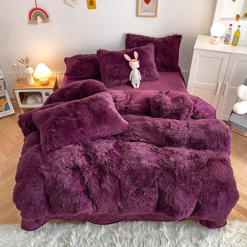 Aerial view of the VibeCore Cloud 9 Bedding Set in the color Purple, made from ultra-soft fleece for ultimate comfort. Perfect for adding warmth, luxury, and cozy style to any bedroom or dorm. Ideal for lounging, relaxing, and enhancing your space with plush, durable bedding that’s machine washable and tumble-dry friendly.