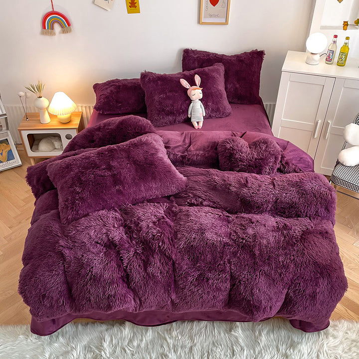 Aerial view of the VibeCore Cloud 9 Bedding Set in the color Purple, made from ultra-soft fleece for ultimate comfort. Perfect for adding warmth, luxury, and cozy style to any bedroom or dorm. Ideal for lounging, relaxing, and enhancing your space with plush, durable bedding that’s machine washable and tumble-dry friendly.