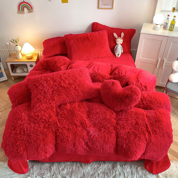 Aerial view of the VibeCore Cloud 9 Bedding Set in the color Red, made from ultra-soft fleece for ultimate comfort. Perfect for adding warmth, luxury, and cozy style to any bedroom or dorm. Ideal for lounging, relaxing, and enhancing your space with plush, durable bedding that’s machine washable and tumble-dry friendly.
