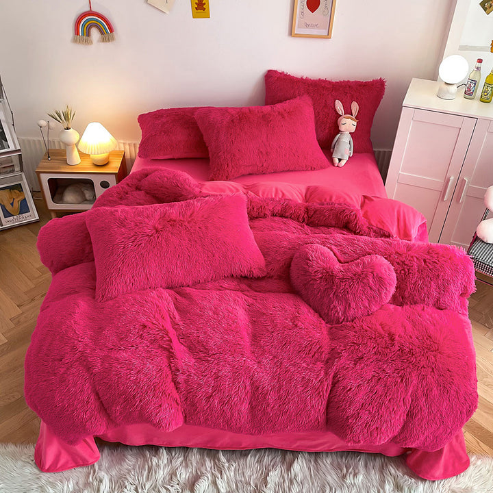 Aerial view of the VibeCore Cloud 9 Bedding Set in the color Rose Red, made from ultra-soft fleece for ultimate comfort. Perfect for adding warmth, luxury, and cozy style to any bedroom or dorm. Ideal for lounging, relaxing, and enhancing your space with plush, durable bedding that’s machine washable and tumble-dry friendly.