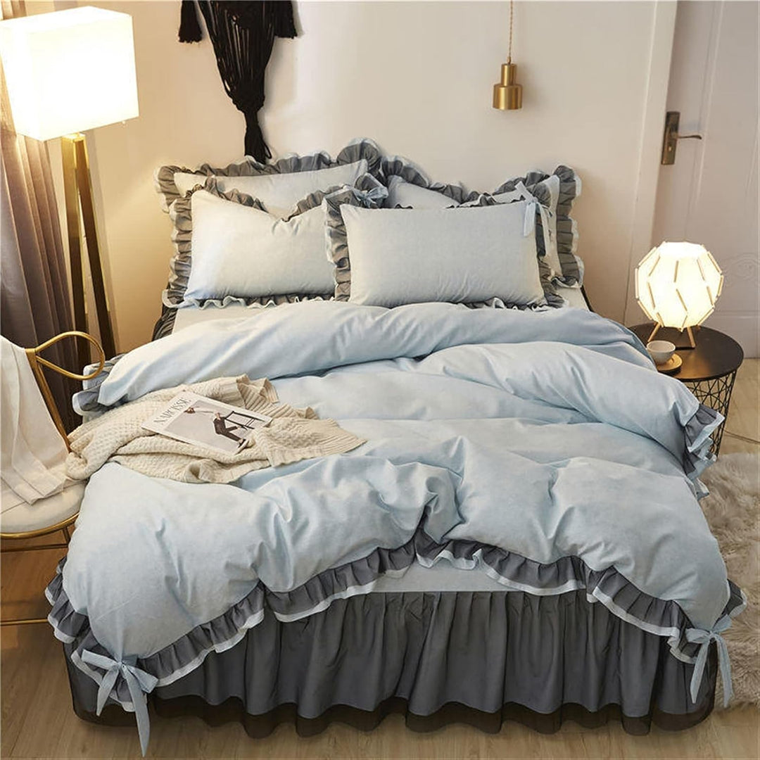 Aerial view of the 'Coquette Goddess Bedding Set' in the color Blue Gray, featuring luxurious textures and soft, elegant fabric. The bedding exudes feminine and coquette charm and sophistication, perfect for creating a cozy and stylish bedroom or dorm retreat.