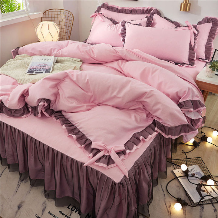 Aerial side view of a 'slept-in' Coquette Goddess Bedding Set in the color Light Pink, showcasing its soft, luxurious fabric with gentle folds, ruffles and bow-ties, and a relaxed, elegant appearance. Perfect for creating a cozy and sophisticated coquette bedroom or dorm vibe.