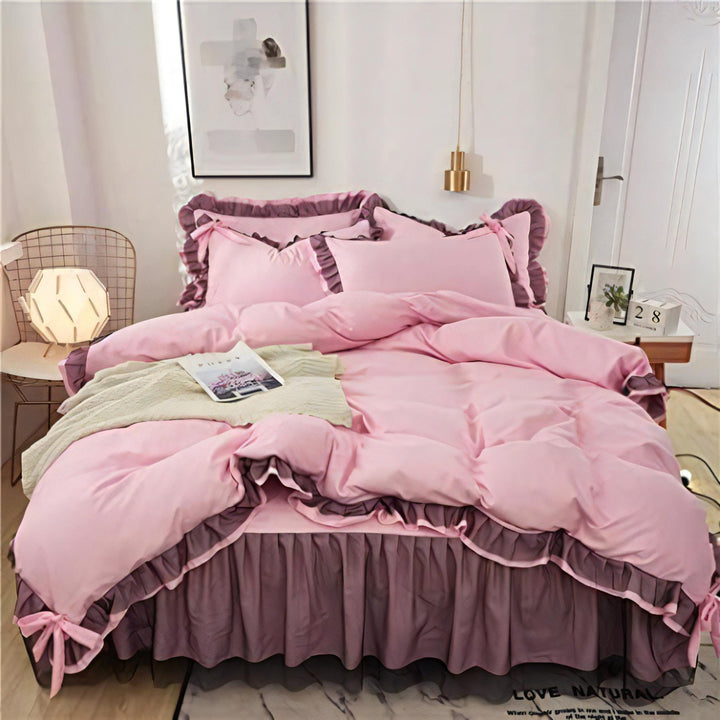 Aerial view of the 'Coquette Goddess Bedding Set' in the color Light Pink, featuring luxurious textures and soft, elegant fabric. The bedding exudes feminine and coquette charm and sophistication, perfect for creating a cozy and stylish bedroom or dorm retreat.