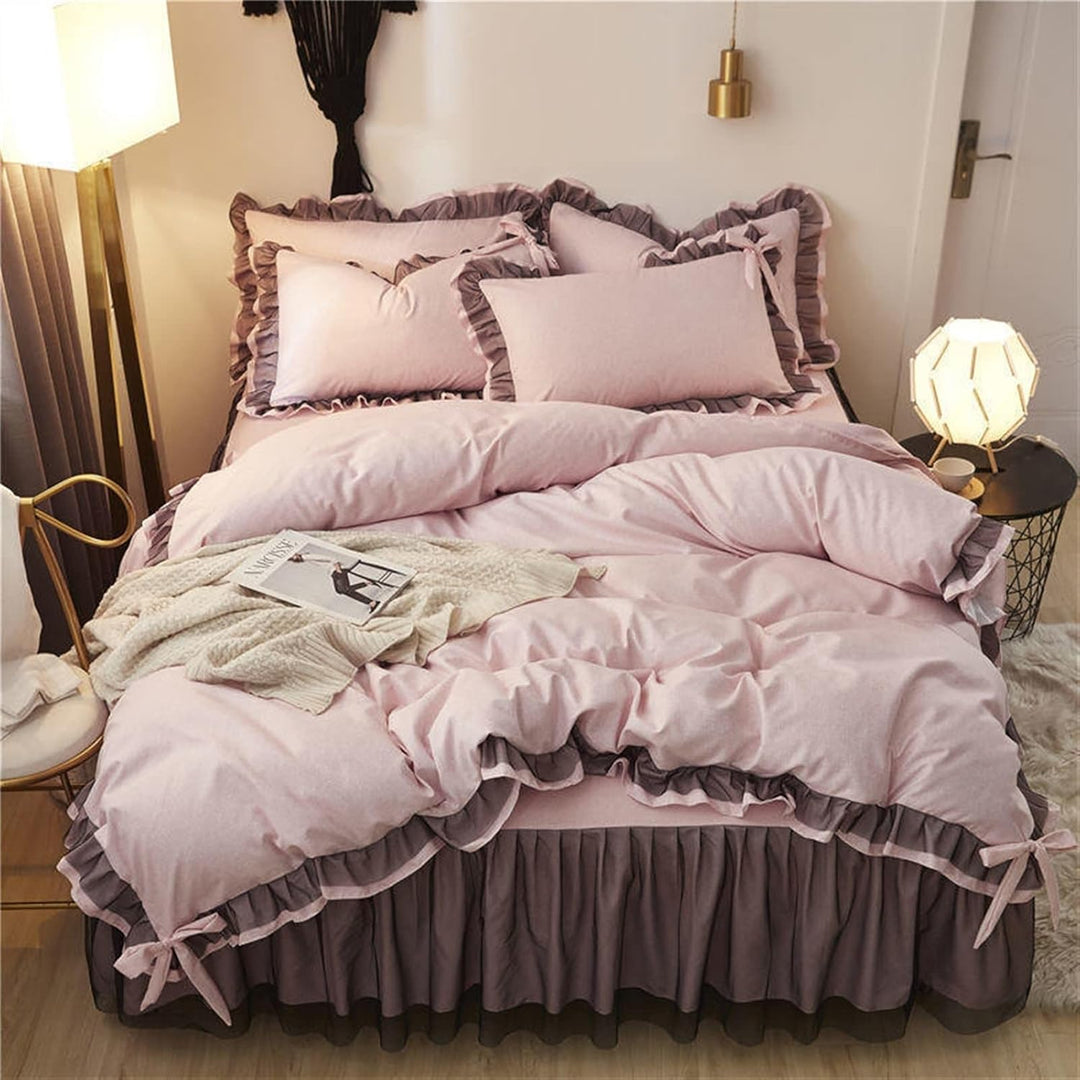 Aerial view of the 'Coquette Goddess Bedding Set' in the color mauve, featuring luxurious textures and soft, elegant fabric. The bedding exudes feminine and coquette charm and sophistication, perfect for creating a cozy and stylish bedroom or dorm retreat.