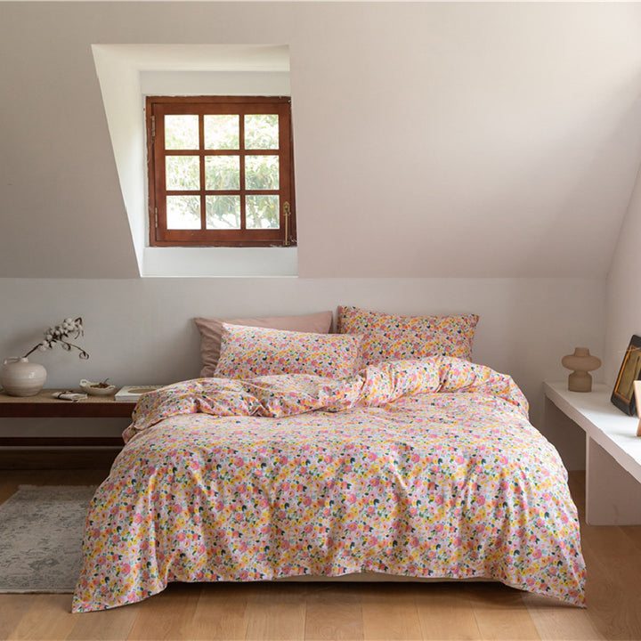 Aerial view of the VibeCore Aesthetic Daydream Garden Duvet Cover, showcasing its beautiful floral design on soft, breathable cotton, adding a serene and dreamy touch to your bedroom or dorm aesthetic.