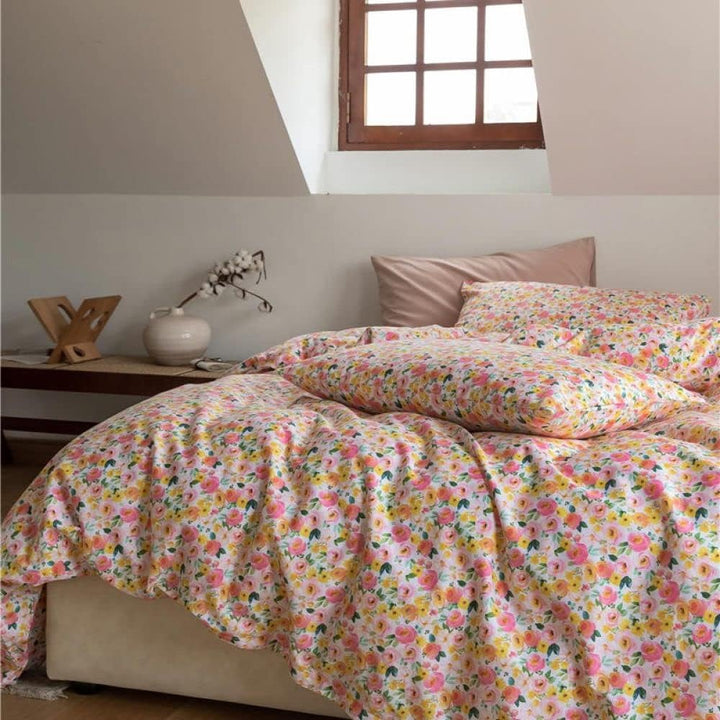 Front view of the VibeCore Aesthetic Daydream Garden Duvet Cover, featuring a delicate garden-inspired floral design on soft, breathable cotton fabric, bringing a serene and whimsical vibe to your bedroom or dorm decor.