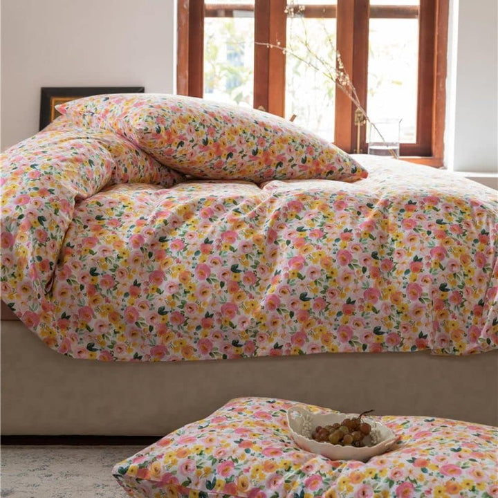 Side view of the VibeCore Aesthetic Daydream Garden Duvet Cover, featuring a delicate floral print on soft, breathable cotton, creating a peaceful and dreamy atmosphere in your bedroom or dorm decor.