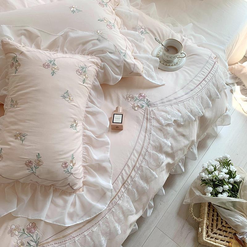 Close-up of the delicate lace detailing and pillowcase of the VibeCore Embroidered Lace Coquette Bedding Set, highlighting the soft cotton fabric and vintage-inspired design.