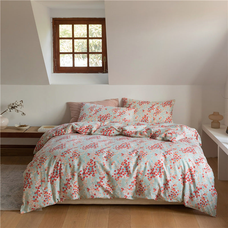 Aerial view of the VibeCore Aesthetic Japanese Blossom Duvet Cover, featuring a delicate floral design inspired by Japanese art, with soft pastel hues and a tranquil, nature-inspired aesthetic perfect for a calming bedroom or dorm retreat.
