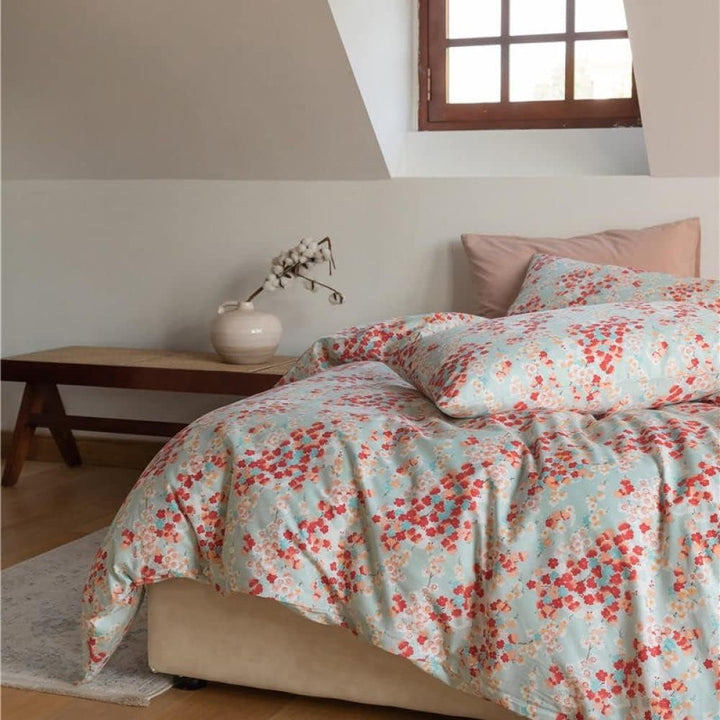 Side corner view of the VibeCore Aesthetic Japanese Blossom Duvet Cover, highlighting its elegant floral print and high-quality cotton fabric, ideal for adding a touch of Japanese-inspired charm to your bedroom or dorm decor.