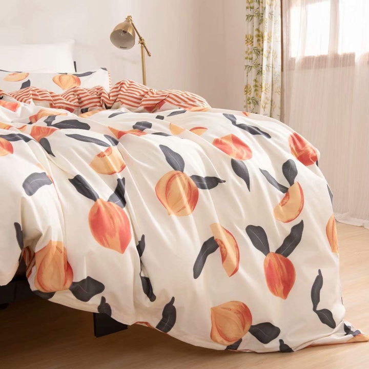 Close-up of the corner of the VibeCore Aesthetic Just Peachy Duvet Cover Set, showcasing its soft peach tones and the durable cotton-polyester blend. The cozy material and stylish design bring a fresh, inviting atmosphere to your bedroom or dorm, perfect for year-round comfort.
