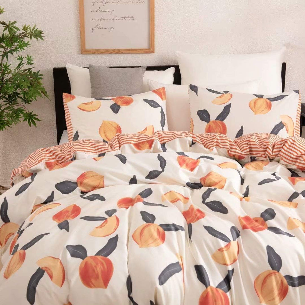 Front view of the VibeCore Aesthetic Just Peachy Duvet Cover Set, featuring soft peach hues and a cozy cotton-polyester blend. This duvet cover set brings a warm, inviting energy to any bedroom or dorm, offering comfort, style, and a touch of modern charm.