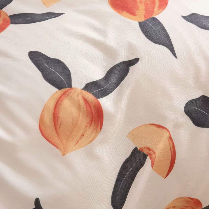 Close-up of the soft peach-toned pattern on the VibeCore Aesthetic Just Peachy Duvet Cover Set, highlighting its simple yet stylish watercolour peach fruit design. The gentle hues and cozy cotton-polyester blend create a warm, inviting vibe, perfect for upgrading your bedroom or dorm with year-round comfort.