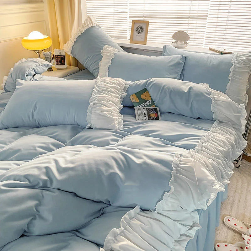 Aerial view of the VibeCore Aesthetic Pastel Coquette Duvet Cover Set in soft pastel blue, featuring delicate details for a cozy and elegant bedroom aesthetic.