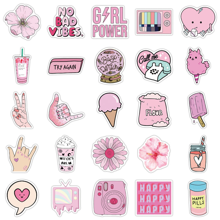 VibeCore Aesthetic Pink Stickers pack with 25 unique pastel pink designs. Perfect for adding a cute, vibrant touch to laptops, phones, water bottles, and accessories.