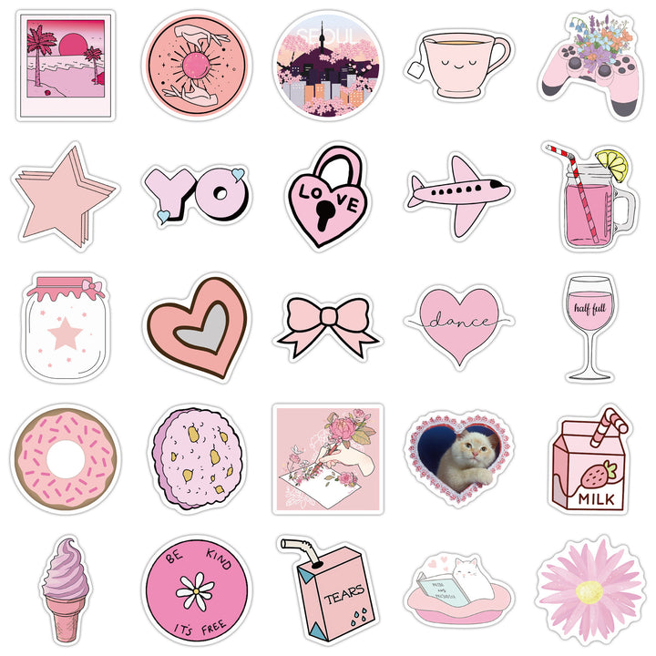 VibeCore Aesthetic Pink Stickers with another 25 unique pastel pink designs. Ideal for personalizing laptops, phones, water bottles, and accessories with a cute, vibrant touch.