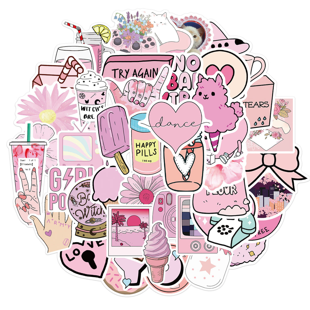 VibeCore Aesthetic Pink Stickers Circular Cluster featuring 50 pastel pink designs. Perfect for customizing laptops, phones, water bottles, and accessories with a cute, vibrant touch.
