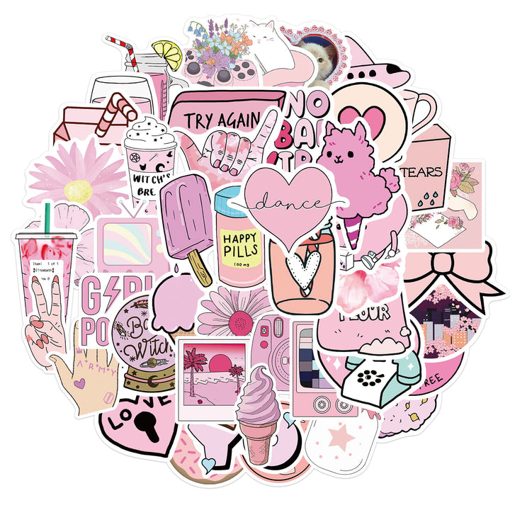 VibeCore Aesthetic Pink Stickers Circular Cluster featuring 50 pastel pink designs. Perfect for customizing laptops, phones, water bottles, and accessories with a cute, vibrant touch.