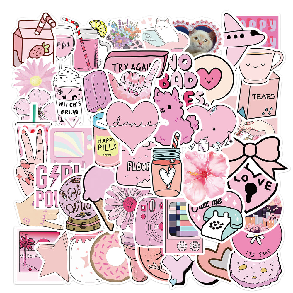 VibeCore Aesthetic Pink Stickers Square Cluster featuring 50 pastel pink designs. Ideal for personalizing laptops, phones, water bottles, and accessories with a cute, vibrant touch.