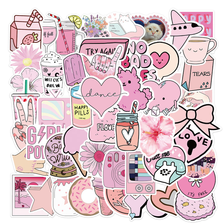 VibeCore Aesthetic Pink Stickers Square Cluster featuring 50 pastel pink designs. Ideal for personalizing laptops, phones, water bottles, and accessories with a cute, vibrant touch.