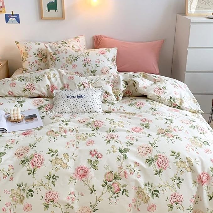 Close-up aerial view of the VibeCore Aesthetic Romantic Roses Cottagecore Duvet Cover Set, highlighting the intricate rose pattern on soft, breathable fabric, perfect for adding a romantic, vintage-inspired touch to your cozy bedroom or dorm.