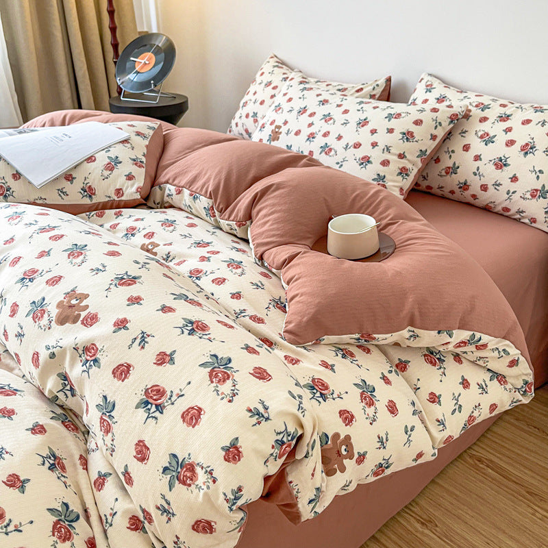 Aerial view of the VibeCore Aesthetic Rosy Bear Duvet Cover Set, featuring an adorable rosy bear design with soft, pastel colors. Made from breathable, cozy fabric, this set adds a playful and charming touch to any bedroom or dorm.